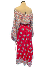 Prettiest 1970s Wallis Off Shoulder Red & Blue Floral Print Dress w Balloon Sleeves