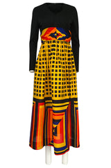 1970s Unlabeled Bright Graphic Printed Yellow & Red Full Skirted Dress
