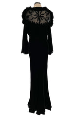 Gorgeous 1930s Bias Cut Silk Velvet Dress w Silk Mesh & Applique Detailing & Incredible Sleeves