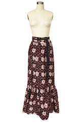 Early 1980s Madame Gres Silver Thread Ruffled Floral Print Maxi Skirt