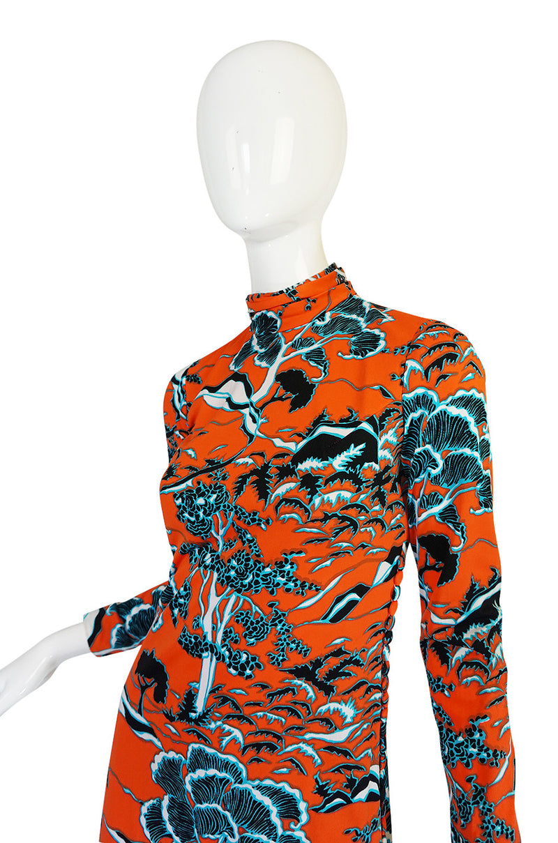1960s Bright Coral Cheongsam Inspired Print Dress