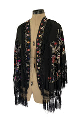 Antique 1920s Embroidered Silk Fringe Curved Cape or Shawl w Tassel Detailing