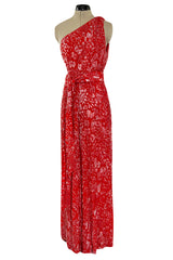 Spectacular 1980s Salvatore Ferragamo Red Glass Beaded One Shoulder Dress