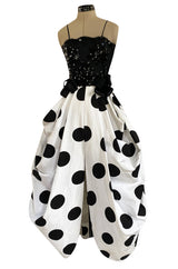 Early 1980s Possible Louis Feraud Graphic Sequin Bodice w Black & White Dotted Bubble Skirt Dress