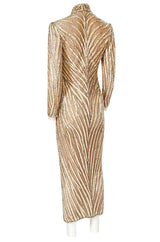 1980s Bob Mackie Ivory Sequin & Nude Stretch Net High Slit Dress