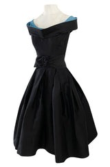 1950s Nettie Rosenstein Black Silk Full Skirted Dress w Interesting Blue Trim Neckline