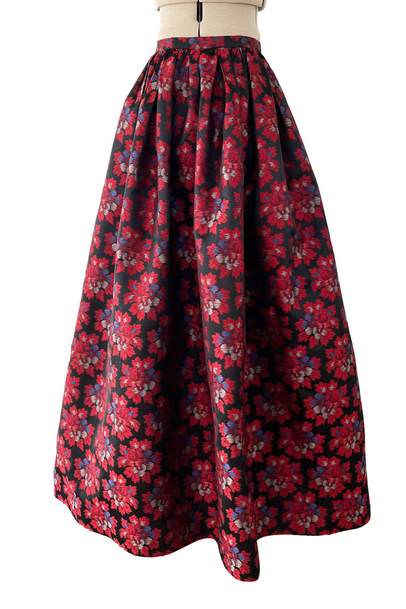 Prettiest 1970s Nina Ricci by Gerard Pipart Deep Red Floral Pattern Silk Skirt w Pockets
