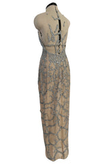 Exquisite 1985 John Anthony Nude Silk Chiffon & Net Dress w Silver Chain Rhinestones and Beads