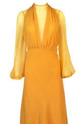 Spring 1972 James Galanos Couture Deep Yellow Silk & Chiffon Plunge Dress