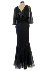 First RTW Collection Fall 1983 Chanel by Karl Lagerfeld Black Caped Bodice Silk Chiffon Dress