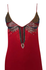 1970s Stephen Burrows Hand Beaded Red Jersey Halter Dress