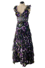 Prettiest Spring 2010 Oscar de la Renta Purple Silk Chiffon Ruffle Dress w Jewel Waistband