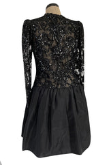 1980s Ady Couture Lausanne Black Lace & Sequin Black Dress w Dropped Full Skirt