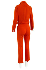 Rare 1970s Courreges Hyperbole Bright Orange Wool Jumpsuit & Matching Cropped Jacket