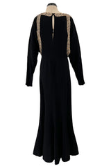 Fabulous 1930s Black Bias Cut Silk Crepe Dress w Unusual Rhinestone & Beaded Applique