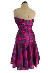 1980s Loris Azzaro Couture Strapless Deep Pink & Purple Printed Silk Mini Dress w Flare Skirt