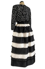 Spring 1988 Bill Blass Sequin Bodice w Ribbon Rosettes Black & White Silk Organza Dress