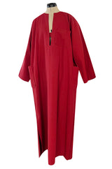 Late 1970s- Early 1980s Lanvin Rust Coloured Cotton Caftan Dress w Plunge Front & Side Pockets