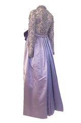 1960s George Halley Couture Lavender Silk Satin Dress w Heavily Detailed Crystal & Rhinestone Bodice
