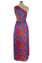 Prettiest 1970s Bergdorf Goodman One Shoulder Silk Brocade Woven Pink Rose Dress