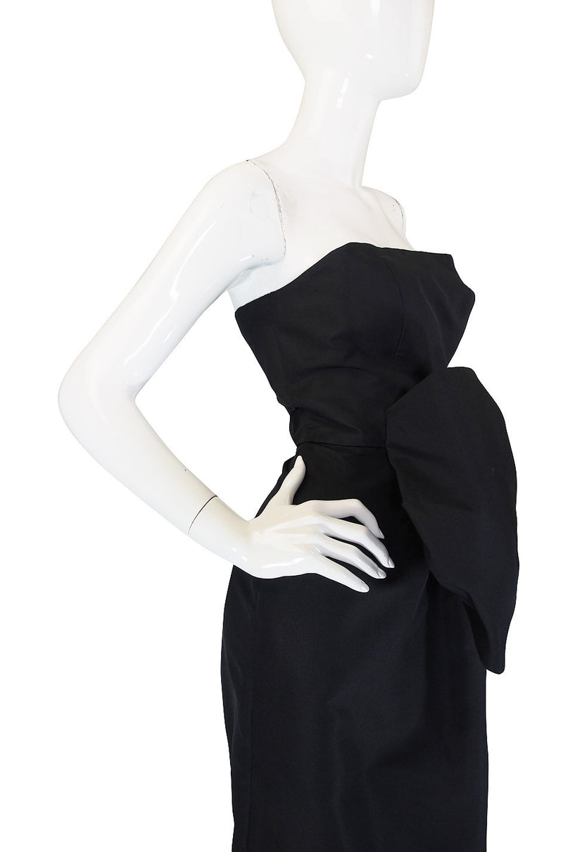 1980s Dramatic Black Strapless Bow Gown