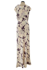 Rare Dated 1934 Bias Cut Soft Purple and Ivory Floral Print Silk Dress & Jacket w MOP Belt