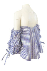 Recent Caroline Costas Blue & White Striped Pouf Sleeved Off Shoulder Top