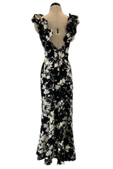 Prettiest 1930s Black & White Floral Print Bias Cut Silk Elaborate Ruffle Shoulder Dress