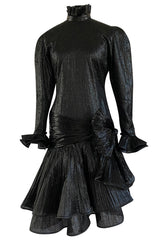 1980s Salvadori Albani Couture Black Textured Silk Lame & Plisse Finish Drop Waist Dress