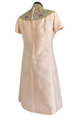 Late 1960s Malcolm Starr Butterfly Embroidered Collar Pale Pink Silk Shift Dress & Jacket Set