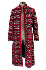 1960s Davidow Red Black & White Fused Cut Velvet Dream Carpet Coat w Matching Belt