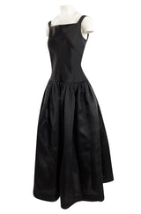 1980s Oscar De La Renta Black Silk Taffeta Dropped Waist Full Skirt Dress w Button Back
