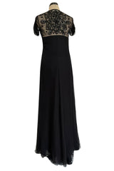 Stunning 1990s Valentino Black Silk Chiffon Dress w Sheer Beaded Net Bodice