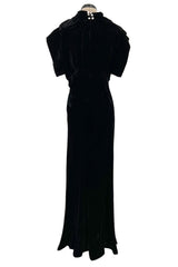 Stunning 1930s Black Silk Velvet Bias Cut Dress w Top Stitched Sleeves & Silver Glitter Buttons