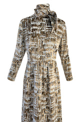 1960s Bill Blass Metallic Gold & Ivory Fused Silk Velvet Dress w Attached Neck Tie