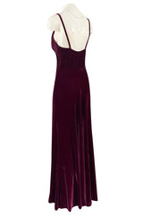 Stunning 1930s Deep Jewel Toned Merlot Bias Cut Silk Velvet Halter Dress w Low Back