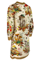 1970s Gucci Ad Campaign Flora Fauna Screen Printed Silk Shift Dress