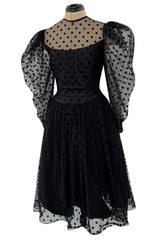 Early 1980s Pauline Trigere Velvet Dot on Net Dress w Exceptional Sleeves
