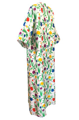 1970s Pierre Balmain Brilliant Floral Print Thai Silk Caftan Dress