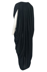 c1976 Halston Black Draped Plunge Front Caped Back Jersey Dress