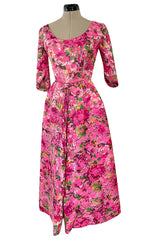 Gorgeous 1960s Jean Louis Pink w Green Floral Raised Silk Brocade Midi Dress