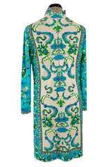 Gorgeous 1970s Mr. Dino Elaborate Print Mini Shift Dress in Turquoise & Yellows