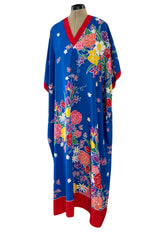 Spring 1982 Oscar de la Renta Blue Floral Silk Caftan Dress w Red Edging Detail