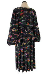 Gorgeous 1970s Yves Saint Laurent Floral Print Silk Skirt & Balloon Sleeve Top Set