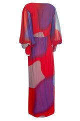 1970s Hanae Mori Full Sleeve Red & Purple Silk Chiffon Maxi Dress