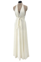 Faboulous 1970s Halston Ivory Jersey Dress W Plunged Front Full Skirt & Tie Waist