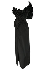 1980s Morton Myles Dramatic Ruffled and Bowed One Shoulder Dress