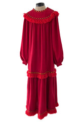 Runway Fall 1977 Yves Saint Laurent Red Wool Smock Dress w Fringe Yarn Detail