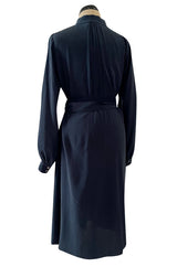 Early 2000s Lanvin by Alber Elbaz Deep Navy Blue Silk Shirt Dress W Extra Long Wrap Tie Belt