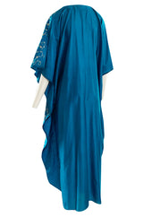 1970s Elaborately Embroidered Deep Turquoise Blue Silk Caftan Dress